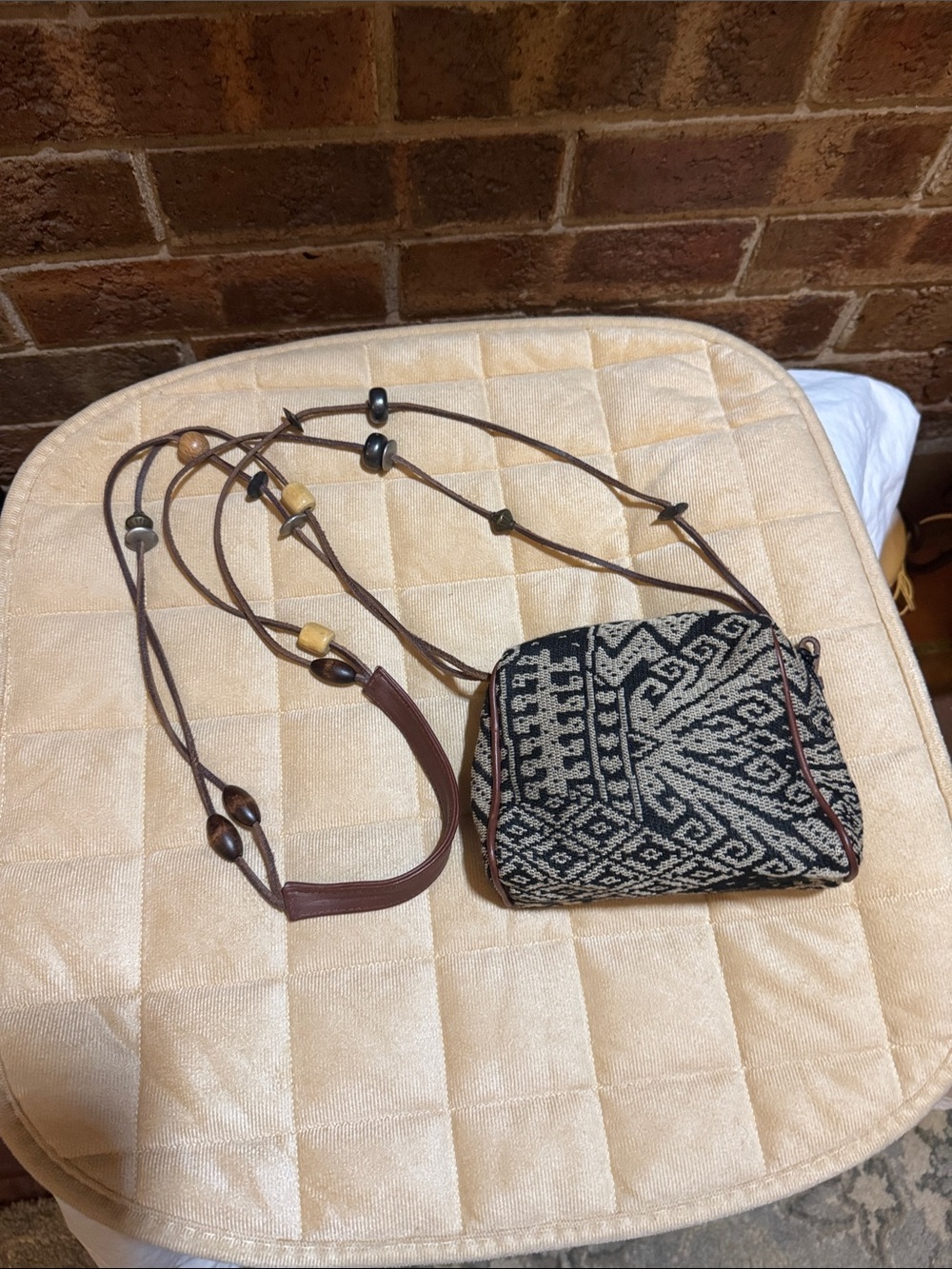 Neiman Marcus Black & Cream Woven Crossbody with Beaded Strap